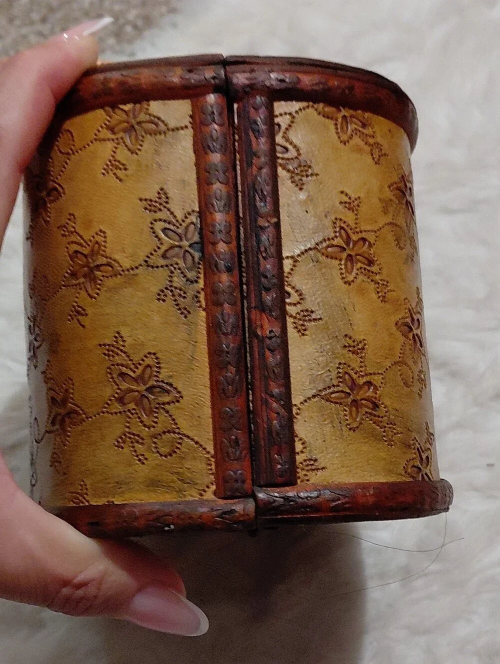 Tan Floral-Embossed Cosmetic Case with Top Handle